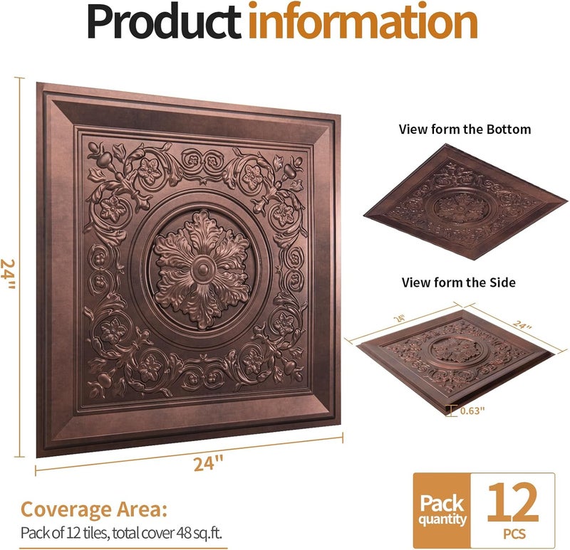 WOWSTAR 12-Pack 24"x24" 3D Drop Ceiling Tiles, Waterproof Glue up Ceiling Panels, Antique Copper - Image 4